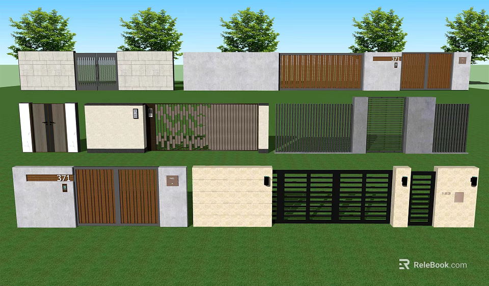 Modern Entrance Gate Designs With Wooden Metal Panels And Green Landscaping 3d model 