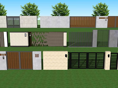 Modern Entrance Gate Designs With Wooden Metal Panels And Green Landscaping 3d model