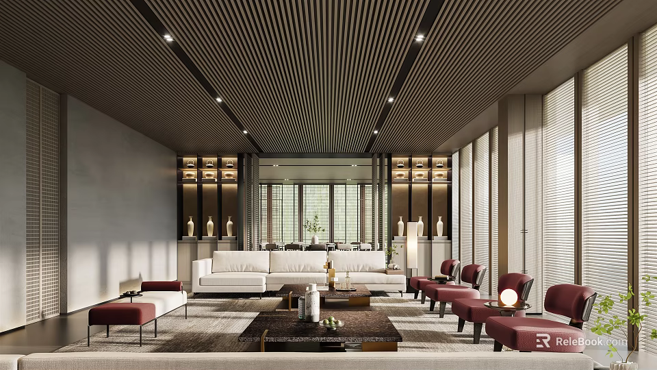 Modern Lounge Area Interior Design With Slatted Ceiling Large Windows White Sofa And Red Chairs 3d model