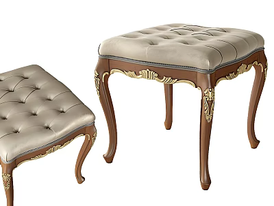 European Style Tufted Upholstered Stools With Wooden Legs And Gold Carvings 3d model