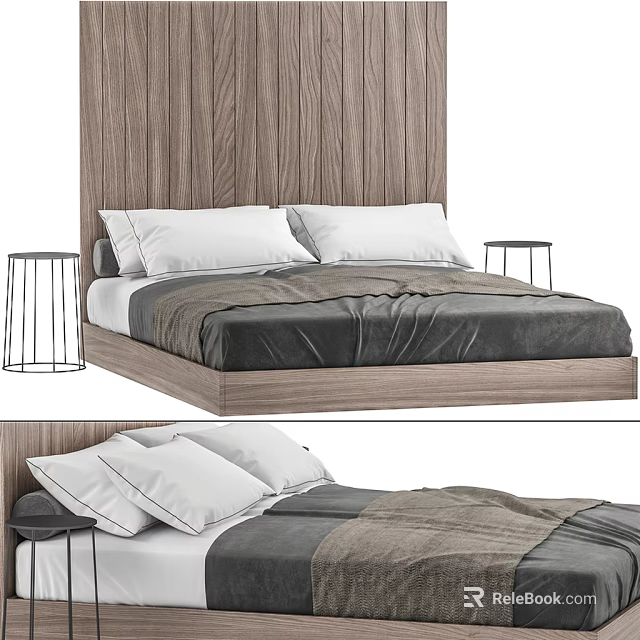 Modern Double Bed With Wooden Headboard And Gray Bedding Design 3d model 