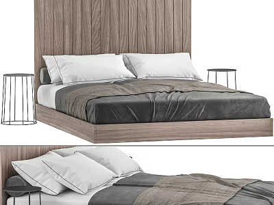 Modern Double Bed With Wooden Headboard And Gray Bedding Design 3d model