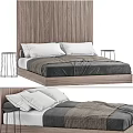 Modern Double Bed With Wooden Headboard And Gray Bedding Design