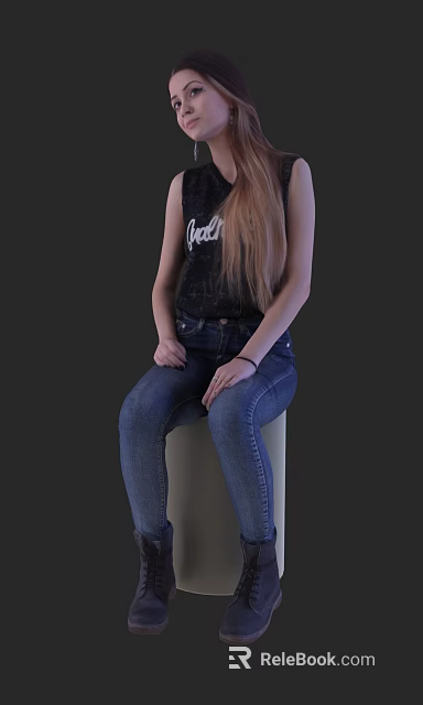 Woman With Long Hair Sitting On White Pedestal In Black Tank Top And Blue Jeans 3d model 