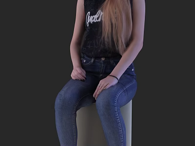 Woman With Long Hair Sitting On White Pedestal In Black Tank Top And Blue Jeans 3d model