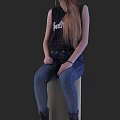 Woman With Long Hair Sitting On White Pedestal In Black Tank Top And Blue Jeans