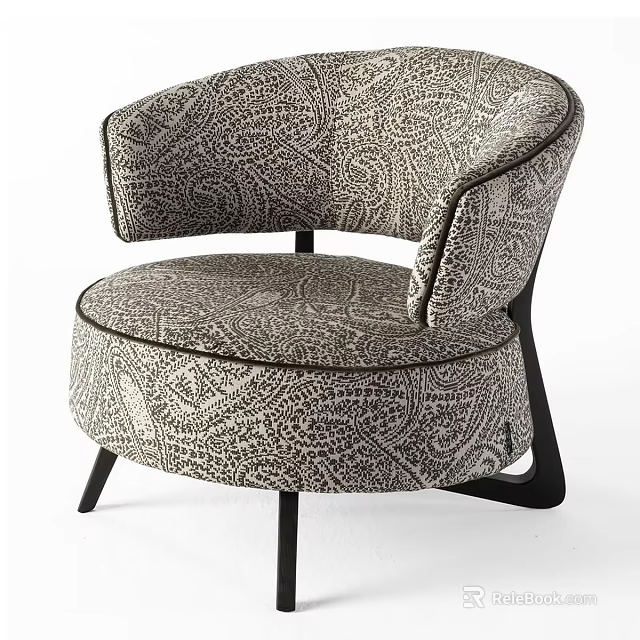 Stylish Paisley Pattern Accent Chair With Round Seat Curved Armrests And Black Legs 3d model 