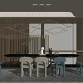 Modern Restaurant Interior With Round Dining Table Colored Chairs And Pendant Lights 3d model