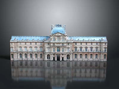 Detailed Architectural Model of Historic Building with Blue Roof Central Dome and Symmetrical Facade Reflection 3d model