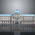 Detailed Architectural Model of Historic Building with Blue Roof Central Dome and Symmetrical Facade Reflection