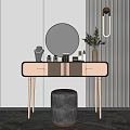 Modern Dressing Table With Round Mirror Pendant Light Metal Legs And Stool 3d model