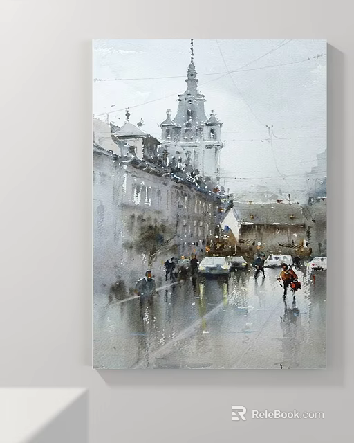 Watercolor Landscape Painting of Rainy Street with Pedestrians Cars and Historic Buildings 3d model 