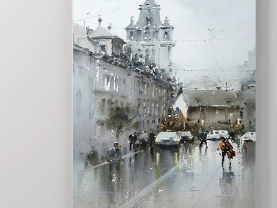 Watercolor Landscape Painting of Rainy Street with Pedestrians Cars and Historic Buildings 3d model