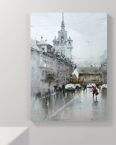 Watercolor Landscape Painting of Rainy Street with Pedestrians Cars and Historic Buildings 3d model