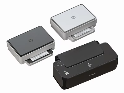 Various Compact Office Electrical Appliances Including HP And Canon Printers In Black And Silver 3d model