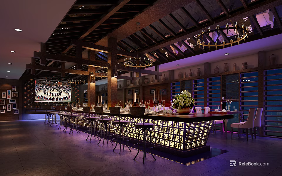 Modern Bar Interior Design With Unique Counter Chandeliers Wooden Ceiling And Ambient Lighting 3d model 