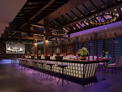 Modern Bar Interior Design With Unique Counter Chandeliers Wooden Ceiling And Ambient Lighting 3d model