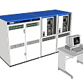 Computer System With Monitor On White Table And Equipment Cabinets