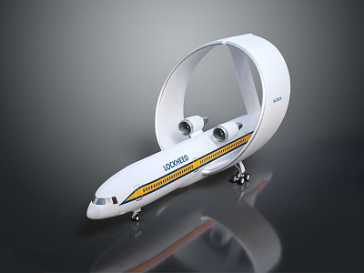 Futuristic Luxury Aircraft Model With Circular Wing White Yellow Blue Stripes And Reflective Base 3d model