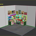 Retail Display Corner With L-shaped Counter Wall Posters And Shelf Items