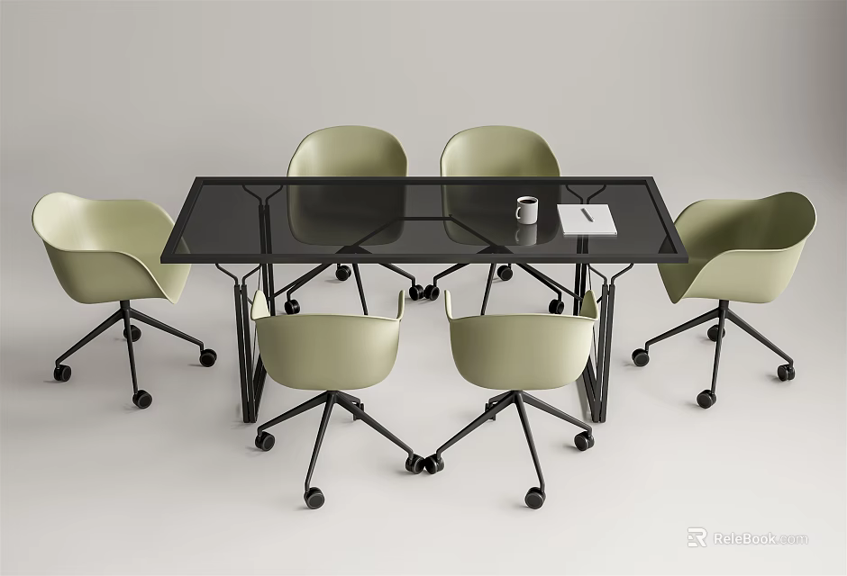 Modern Conference Table with Black Glass Top Light Green Rolling Chairs and White Notebook 3d model 