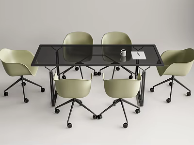 Modern Conference Table with Black Glass Top Light Green Rolling Chairs and White Notebook 3d model
