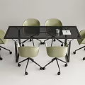 Modern Conference Table with Black Glass Top Light Green Rolling Chairs and White Notebook