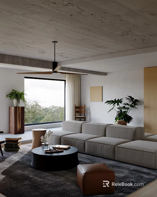 Modern Living Room Interior With Large Window Green View Light Gray Sofa And Plants 3d model 