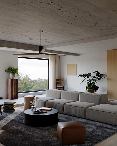 Modern Living Room Interior With Large Window Green View Light Gray Sofa And Plants 3d model