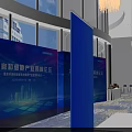 Spacious Lobby Interior With Long Corridor Chandeliers White Tables Blue Decorations And Patterned Carpet 3d model