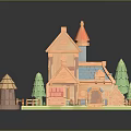 Fairy Tale Themed 3D Model Scene With Small Houses Trees And Mushroom Hut