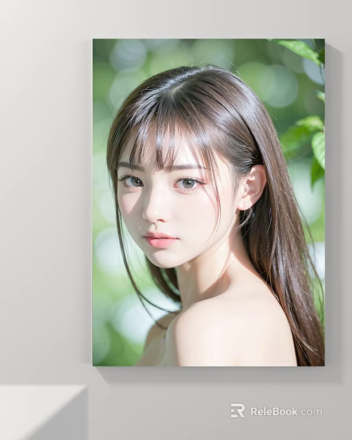 Elegant Female Portrait Painting With Long Brown Hair Soft Light And Natural Green Background 3d model 