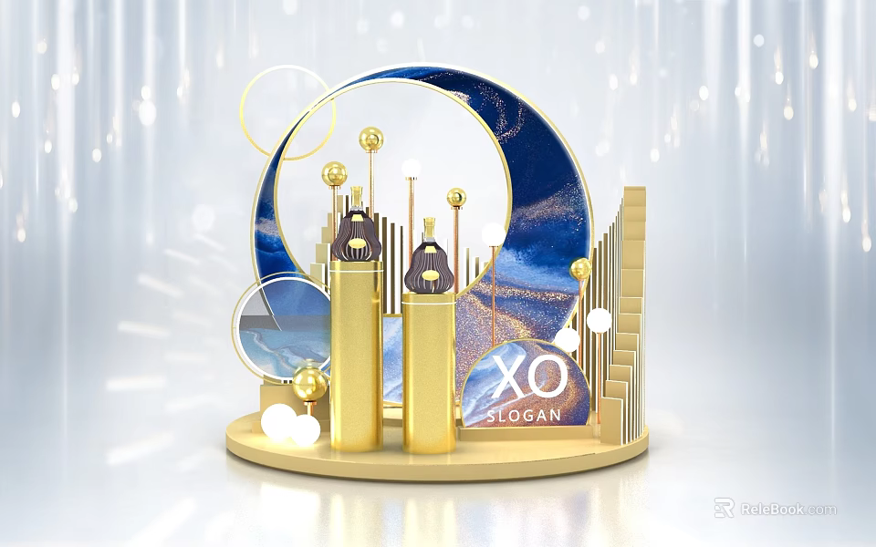 XO Brand Display Platform With Gold Columns Blue Arched Design And Geometric Spheres 3d model 