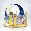 XO Brand Display Platform With Gold Columns Blue Arched Design And Geometric Spheres