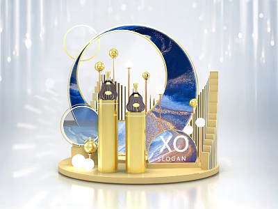 XO Brand Display Platform With Gold Columns Blue Arched Design And Geometric Spheres 3d model