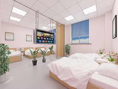 Pink Room Interior With White Beds TV Plants And Large Window 3d model