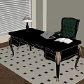 Classic Black Desk With Gold Accents Black Leather Chair Lamp Open Book And Wooden Floor