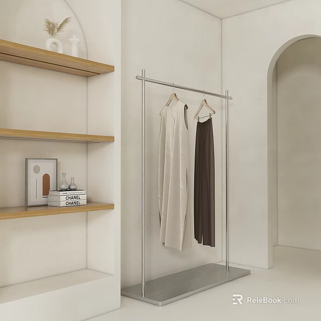 Modern Display Shelves And Clothes Rack With Wooden Shelves And Hanging Dresses 3d model 