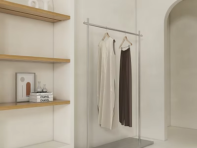 Modern Display Shelves And Clothes Rack With Wooden Shelves And Hanging Dresses 3d model