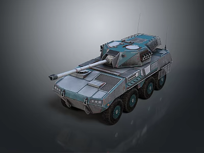 Armored Military Vehicle With Turret Cannon Six Wheels Metallic Finish And Antenna 3d model