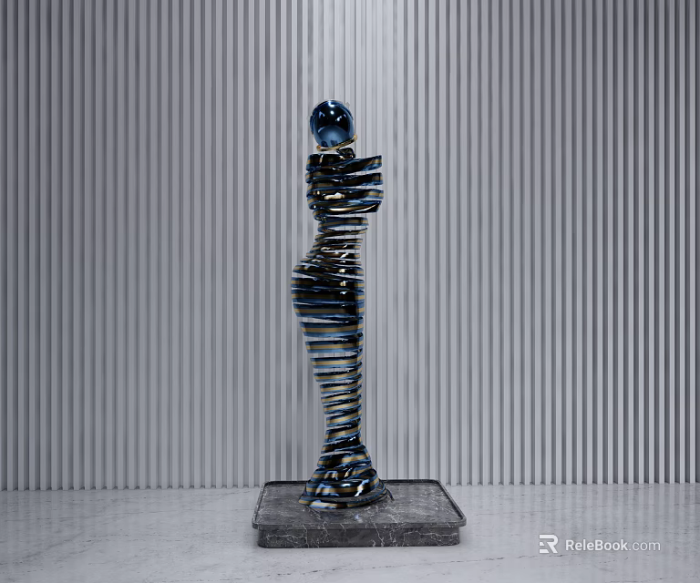 Layered Sculpture Carving Metallic Human Figure With Blue Head Square Base Vertical Striped Gray Wall 3d model 