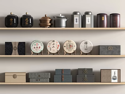 Traditional Tea Set Display With Jars Tea Cakes And Boxes On Wooden Shelf 3d model