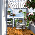Terrace Garden With Wooden Flooring White Lattice Pergola Hanging Flower Baskets And Green Plants