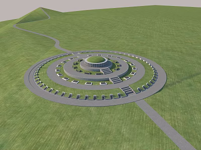 Modern Circular Building With Central Structure Pathway And Steps On Green Grassland 3d model
