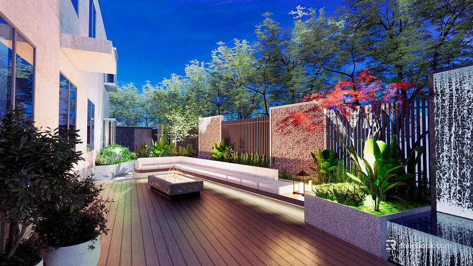 Courtyard Garden With Wooden Deck Seating Area Green Plants Trees And Warm Lighting 3d model 