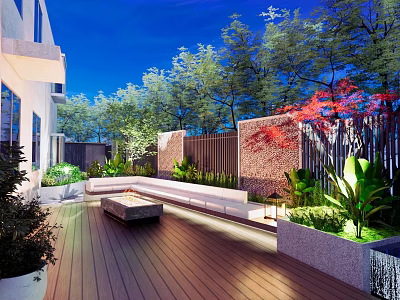 Courtyard Garden With Wooden Deck Seating Area Green Plants Trees And Warm Lighting 3d model
