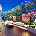 Courtyard Garden With Wooden Deck Seating Area Green Plants Trees And Warm Lighting