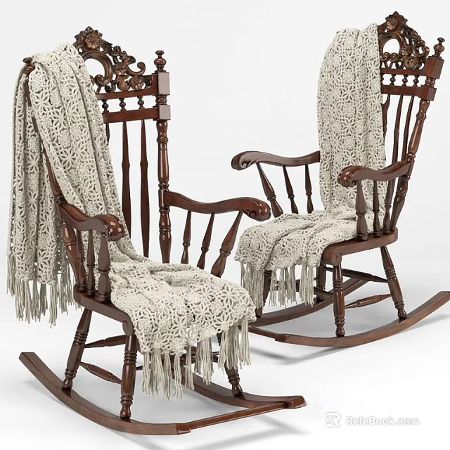 Wooden Carved Rocking Chairs Draped With Cream Knit Blanket And Tassels 3d model 