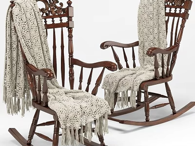 Wooden Carved Rocking Chairs Draped With Cream Knit Blanket And Tassels 3d model