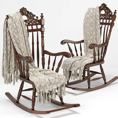 Wooden Carved Rocking Chairs Draped With Cream Knit Blanket And Tassels 3d model